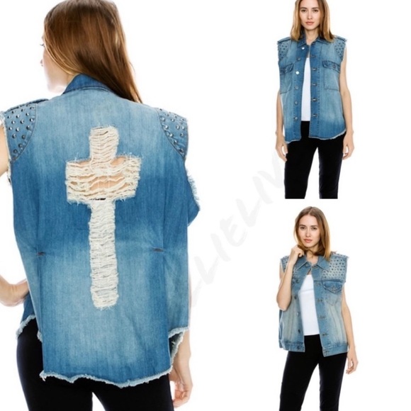 Callie Lives Jackets & Blazers - New! Callie Christian Cross Stud Jean Jackets Vest